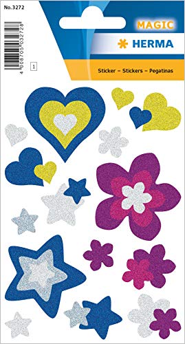HERMA 3272 Glitzer Sticker "Sterne + Herzen + Blumen", selbstklebende Aufkleber aus Folie für Jungen, Mädchen oder Stickeralbum, 15 Kinderaufkleber von HERMA