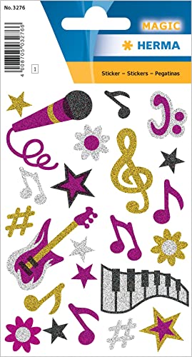 HERMA 3276 Aufkleber Musik Glitzer, 22 Stück, Musiknoten Sticker mit Mikrofon Gitarre Notenschlüssel Blumen Sterne Motiv, Kinder Etiketten für Fotoalbum Tagebuch Poesiealbum Scrapbooking Geburtstag von HERMA