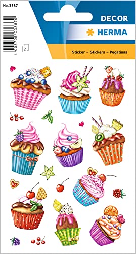 HERMA 3387 Aufkleber Cupcakes Glitzer klein groß, 20 Stück, Muffin Sticker mit Törtchen Gebäck Früchte Essen Motiv, Kinder Etiketten für Fotoalbum Tagebuch Poesiealbum Scrapbooking Geburtstag Deko von HERMA