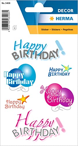 HERMA 3408 Aufkleber Geburtstag, 18 Stück, Geschenk Sticker mit Luftballons Happy Birthday Schriftzug, Erwachsene Kinder Geschenkaufkleber für Glückwünsche Gratulation Herzlichen Glückwunsch Deko von HERMA