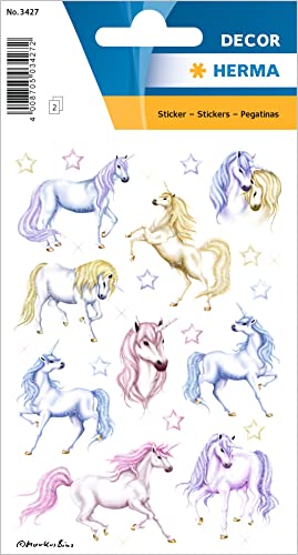 HERMA 3427 Aufkleber Einhorn Glitzer klein groß, 18 Stück, Tiere Sticker mit Einhörner Sterne Motiv, Kinder Etiketten für Fotoalbum Tagebuch Poesiealbum Scrapbooking Geburtstag Deko Briefe DIY Basteln von HERMA