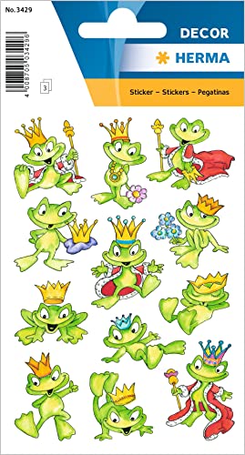 HERMA 3429 Aufkleber Froschkönig klein, 36 Stück, Tiere Sticker mit lustigen Frosch Motiv, Kinder Etiketten für Fotoalbum Tagebuch Poesiealbum Scrapbooking Geburtstag Dekoration Briefe DIY Basteln von HERMA