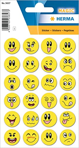HERMA 3657 Aufkleber Smiley klein groß, 24 Stück, Wackelaugen Belohnung Sticker mit lustigen Emoji Gesicht Motiv, Kinder Etiketten für Schule Grundschule Schüler Tagebuch Scrapbooking Geburtstag Deko von HERMA
