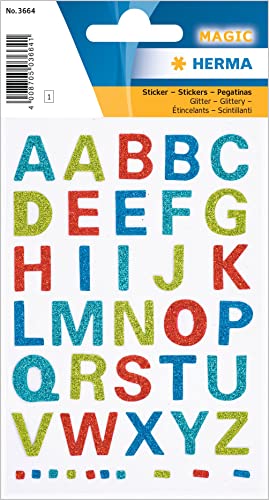 HERMA Buchstaben Aufkleber Glitzer, 40 Stück, selbstklebend, groß, Kinder Alphabet Sticker Klebebuchstaben A-Z aus Folie zum Aufkleben DIY Basteln, bunt mehrfarbig von HERMA