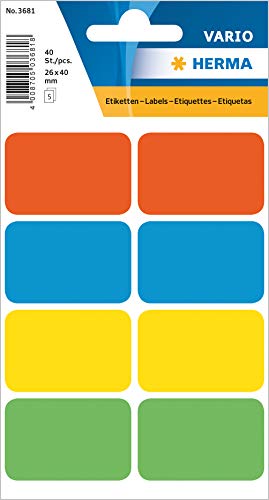 HERMA 3681 Vielzweck-Etiketten, 40 Stück, 25 x 40 mm, 8 pro Bogen, selbstklebend, Haushaltsetiketten zum Beschriften für Kalender Planer Basteln, matt, blanko Papier Klebeetiketten Aufkleber, bunt HERMA 3681 Vielzweck-Etiketten, 40 Stück, 25 x 40 mm, 8 pro Bogen, selbstklebend, Haushaltsetiketten zum Beschriften für Kalender Planer Basteln, matt, blanko Papier Klebeetiketten Aufkleber, bunt von HERMA