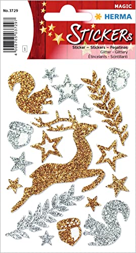 HERMA 3729 Aufkleber Waldtiere Glitzer klein groß, 17 Stück, Tiere Sticker mit Rentiere Eichhörnchen Motiv, Kinder Etiketten für Weihnachten Nikolaus Scrapbooking Geburtstag Deko Briefe DIY Basteln von HERMA