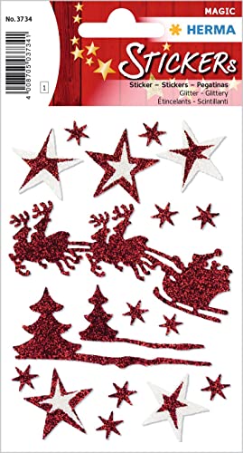 HERMA 3734 Aufkleber Weihnachtsmann mit Schlitten Glitzer klein groß, 18 Stück, Weihnachten Sticker mit Sterne Motiv, Kinder Etiketten für Weihnachtsdeko Geschenke Adventskalender Winter Dekoration von HERMA