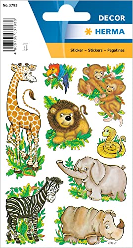 HERMA 3793 Aufkleber Dschungeltiere klein groß, 24 Stück, Tiere Sticker mit Zebra Löwe Giraffe Affe Elefant Motiv, Kinder Etiketten für Fotoalbum Tagebuch Scrapbooking Geburtstag Deko DIY Basteln von HERMA