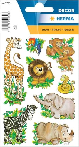 HERMA 3793 Aufkleber Dschungeltiere klein groß, 24 Stück, Tiere Sticker mit Zebra Löwe Giraffe Affe Elefant Motiv, Kinder Etiketten für Fotoalbum Tagebuch Scrapbooking Geburtstag Deko DIY Basteln von HERMA