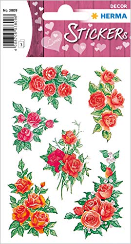 HERMA 3809 Aufkleber Rosen Rot Rosa klein groß, 18 Stück, Blumen Sticker im Vintage Pflanzen Motiv, selbstklebend, Etiketten für Valentinstag Liebe Hochzeit Geburtstag Scrapbooking Dekoration Geschenk von HERMA