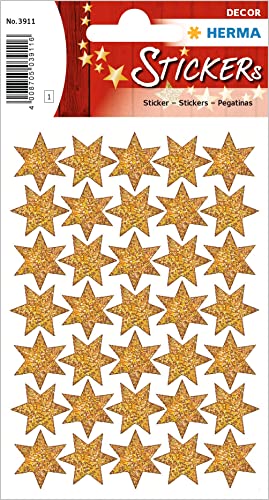 HERMA 3911 Aufkleber Sterne Glitzer Gold klein, 35 Stück, 16 mm, Stern Sticker aus Hologramm Folie, Weihnachtssticker Sternaufkleber für Weihnachten Geschenke Adventskalender Dekoration Belohnung DIY von HERMA