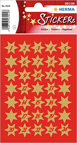 HERMA 3924 Aufkleber Sterne Gold Zahlen 1-24 klein, 102 Stück, 14 mm, Stern Sticker aus Papier, Weihnachtssticker Sternaufkleber für Weihnachten Geschenke Adventskalender Dekoration Kinder Belohnung von HERMA