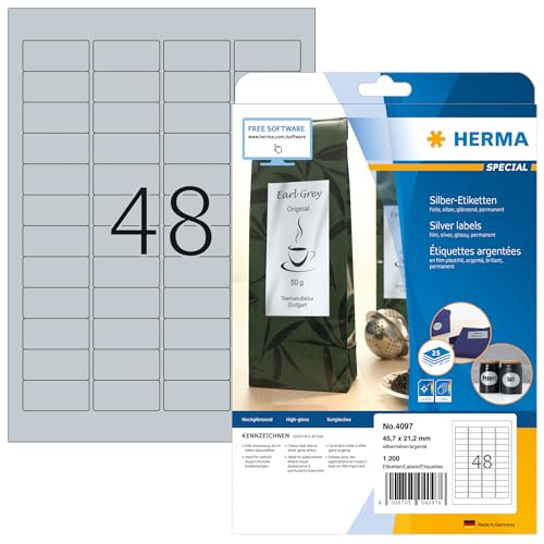 HERMA 4097 Wetterfeste Folienetiketten silber, 25 Blatt, 45,7 x 21,2 mm, 48 pro A4 Bogen, 1200 Stück, selbstklebend, bedruckbar, glänzend, blanko Klebeetiketten Aufkleber aus Folie von HERMA