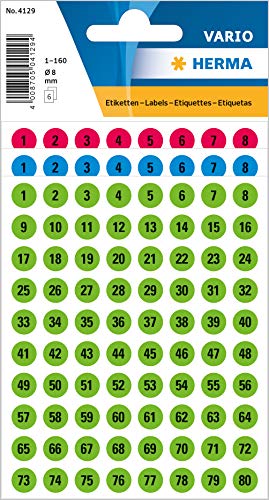 HERMA 4129 Zahlen Aufkleber schwarz 1-160 rund, 480 Stück, Ø 8 mm, selbstklebend, klein, matt, Nummer Ziffer Klebezahlen Sticker Hausnummern aus Papier zum Aufkleben, bunt von HERMA
