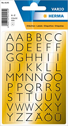 HERMA 4145 Buchstaben Aufkleber gold, 216 Stück, 13 x 12 mm, selbstklebend, klein, Alphanet Sticker Klebebuchstaben A-Z aus Folie zum Aufkleben, schwarz von HERMA