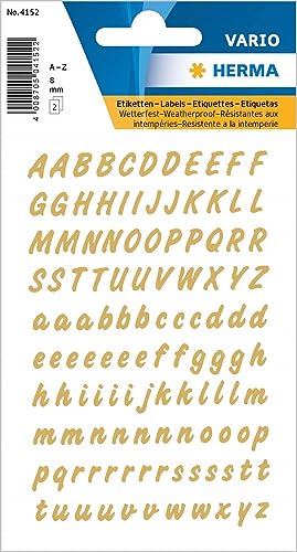 HERMA 4152 Buchstaben Aufkleber A - Z, wetterfest (Schriftgröße 8 mm, 2 Blatt, Folie) selbstklebend, permanent haftende Alphabet Sticker, 238 Etiketten, transparent / gold von HERMA