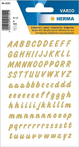 HERMA Buchstaben Aufkleber Gold, 238 Stück, Schriftgröße 8 mm, selbstklebend, wasserfest, wetterfest, klein, Alphabet Sticker Klebebuchstaben A-Z aus Folie zum Aufkleben, transparent von HERMA