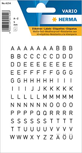 HERMA Buchstaben Aufkleber Schwarz, 240 Stück, Schriftgröße 5 mm, selbstklebend, wasserfest, wetterfest, mini, Alphabet Sticker Klebebuchstaben A-Z aus Folie zum Aufkleben, transparent von HERMA