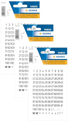 HERMA 4155 Zahlen Aufkleber 0-9, wetterfest (Schriftgröße 5 mm, 2 Blatt, Folie) selbstklebend, permanent haftende Nummern Sticker, 250 Etiketten, transparent/schwarz (Packung mit 3) von HERMA