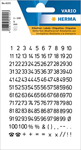 HERMA 4155 Zahlen Aufkleber schwarz 0-100, 250 Stück, Schriftgröße 5 mm, selbstklebend, wetterfest, mini, Nummer Ziffer Klebezahlen Sticker Hausnummern aus Folie zum Aufkleben, transparent von HERMA