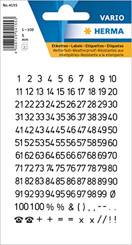 HERMA 4155 Zahlen Aufkleber schwarz 0-9, 250 Stück, Schriftgröße 5 mm, selbstklebend, wetterfest, mini, Nummer Ziffer Klebezahlen Sticker Hausnummern aus Folie zum Aufkleben, transparent von HERMA