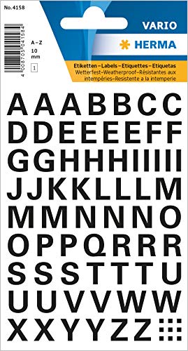 HERMA Buchstaben Aufkleber Schwarz, 74 Stück, Schriftgröße 10 mm, selbstklebend, wasserfest, wetterfest, klein, Alphabet Sticker Klebebuchstaben A-Z aus Folie zum Aufkleben, transparent von HERMA