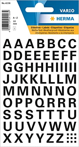 HERMA Buchstaben Aufkleber Schwarz, 740 Stück, Schriftgröße 10 mm, selbstklebend, wasserfest, wetterfest, klein, Alphabet Sticker Klebebuchstaben A-Z aus Folie zum Aufkleben, transparent von HERMA