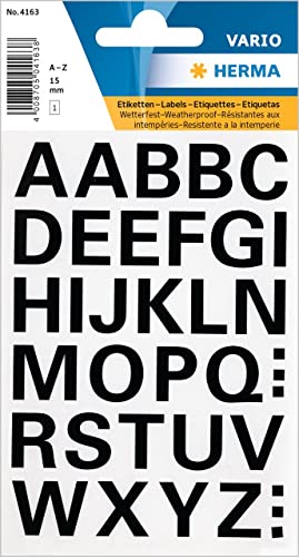 HERMA Buchstaben Aufkleber Schwarz, 36 Stück, Schriftgröße 15 mm, selbstklebend, wasserfest, wetterfest, groß, Alphabet Sticker Klebebuchstaben A-Z aus Folie zum Aufkleben, transparent von HERMA