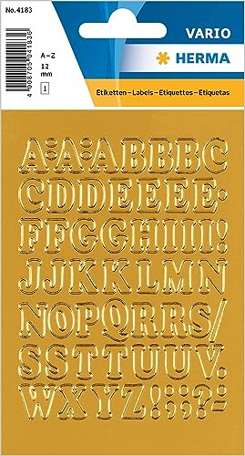 HERMA Buchstaben Aufkleber Gold, 56 Stück, Schriftgröße 12 mm, selbstklebend, klein, Alphabet Sticker Klebebuchstaben A-Z aus Folie zum Aufkleben von HERMA