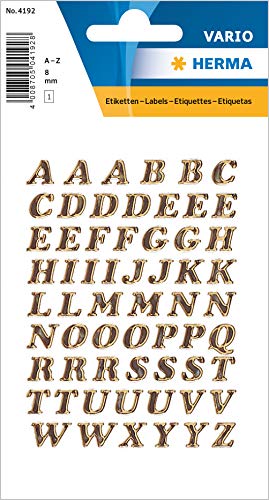 HERMA Buchstaben Aufkleber Gold, 61 Stück, Schriftgröße 8 mm, selbstklebend, klein, Alphabet Sticker Klebebuchstaben A-Z aus Glitzer-Folie zum Aufkleben von HERMA
