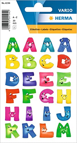 HERMA 4194 Buchstaben Aufkleber bunt, 48 Stück, 20 x 20 mm, selbstklebend, groß, Alphanet Sticker Klebebuchstaben A-Z mit Gesichter aus Papier zum Aufkleben für Kinder, mehrfarbig von HERMA