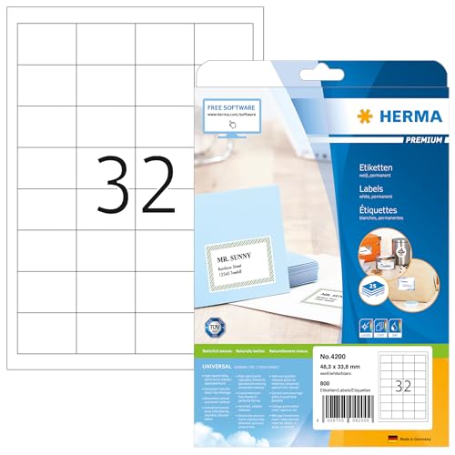 HERMA 4200 Universal Etiketten, 25 Blatt, 48,3 x 33,8 mm, 32 pro A4 Bogen, 800 Stück, selbstklebend, bedruckbar, matt, blanko Papier Klebeetiketten Aufkleber, weiß von HERMA