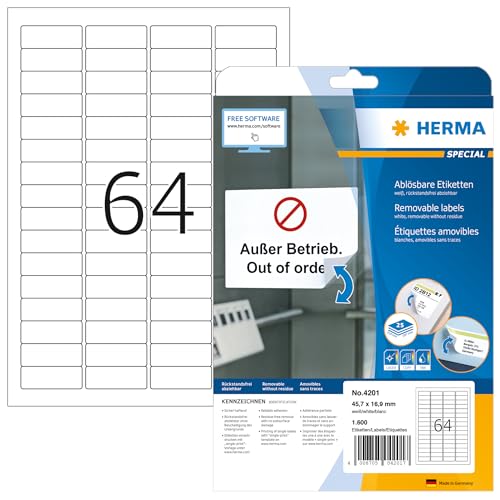 HERMA 4201 Sichtreiteretiketten ablösbar, 25 Blatt, 45,7 x 16,9 mm, 64 pro A4 Bogen, 1600 Stück, selbstklebend, bedruckbar, matt, blanko Sichtreiter Etiketten aus Papier, weiß von HERMA