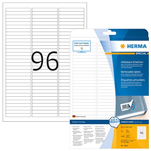 HERMA 4202 Universal Etiketten ablösbar, 25 Blatt, 63,5 x 8,5 mm, 96 pro A4 Bogen, 2400 Stück, selbstklebend, bedruckbar, matt, blanko Papier Klebeetiketten Aufkleber, weiß von HERMA