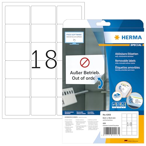 HERMA 4203 Universal Etiketten ablösbar, 25 Blatt, 63,5 x 46,6 mm, 18 pro A4 Bogen, 450 Stück, selbstklebend, bedruckbar, matt, blanko Papier Klebeetiketten Aufkleber, weiß von HERMA