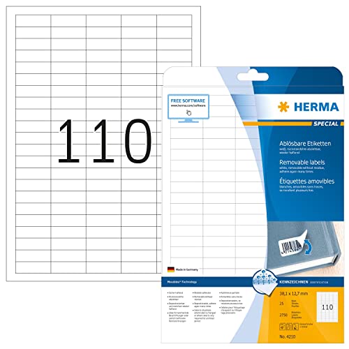 HERMA 4210 Universal Etiketten ablösbar, 25 Blatt, 38,1 x 12,7 mm, 110 pro A4 Bogen, 2750 Stück, selbstklebend, bedruckbar, matt, blanko Papier Klebeetiketten Aufkleber, weiß von HERMA