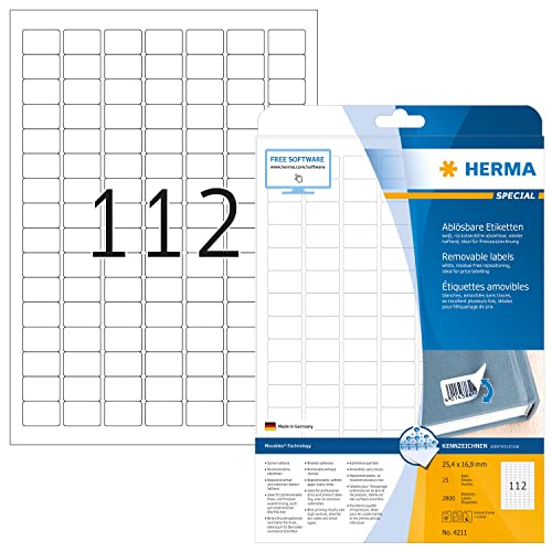 HERMA 4211 Universal Etiketten ablösbar, 800 Blatt, 25,4 x 16,9 mm, 112 pro A4 Bogen, 89600 Stück, selbstklebend, bedruckbar, matt, blanko Papier Klebeetiketten Aufkleber, weiß von HERMA