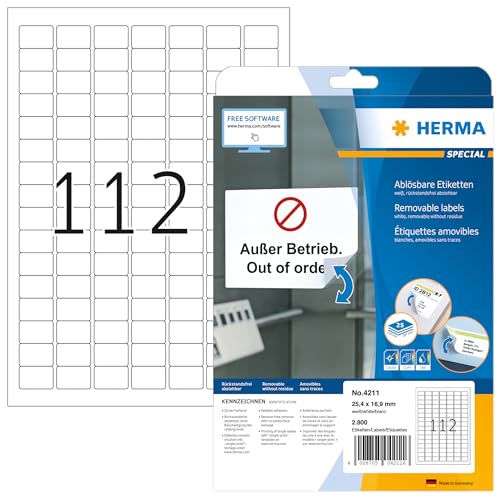 HERMA 4211 Universal Etiketten ablösbar, 25 Blatt, 25,4 x 16,9 mm, 112 pro A4 Bogen, 2800 Stück, selbstklebend, bedruckbar, matt, blanko Papier Klebeetiketten Aufkleber, weiß von HERMA