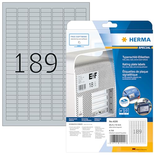 HERMA 4220 Typenschild Folien-Etiketten silber, 800 Blatt, 25 x 10 mm, 189 pro A4 Bogen, 151200 Stück, selbstklebend, bedruckbar, wetterfest, blanko Klebefolie Aufkleber aus Folie HERMA 4220 Typenschild Folien-Etiketten silber, 800 Blatt, 25 x 10 mm, 189 pro A4 Bogen, 151200 Stück, selbstklebend, bedruckbar, wetterfest, blanko Klebefolie Aufkleber aus Folie von HERMA
