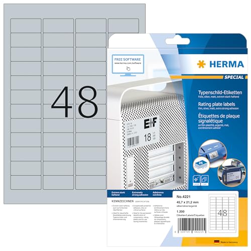 HERMA 4221 Typenschild Folien-Etiketten silber, 25 Blatt, 45,7 x 21,2 mm, 48 pro A4 Bogen, 1200 Stück, selbstklebend, bedruckbar, wetterfest, blanko Klebeetiketten Aufkleber aus Folie von HERMA