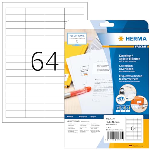 HERMA 4226 Korrekturetiketten blickdicht, 25 Blatt, 48,3 x 16,9 mm, 64 pro A4 Bogen, 1600 Stück, selbstklebend, bedruckbar, matt, blanko Papier Abdeckaufkleber Etiketten, weiß von HERMA