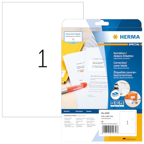 HERMA 4230 Korrekturetiketten blickdicht, 25 Blatt, 210 x 297 mm, 1 pro A4 Bogen, 25 Stück, selbstklebend, bedruckbar, matt, blanko Papier Abdeckaufkleber Etiketten, weiß von HERMA