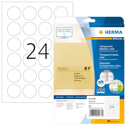 HERMA 4236 Verschlussetiketten transparent rund, 25 Blatt, Ø 40 mm, 24 pro A4 Bogen, 600 Stück, selbstklebend, bedruckbar, matt, blanko Klebepunkte Aufkleber aus Folie, durchsichtig von HERMA