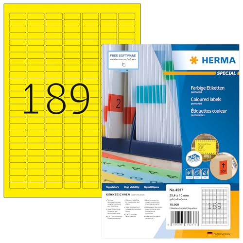 HERMA 4237 Farbige Etiketten gelb, 100 Blatt, 25,4 x 10 mm, 189 pro A4 Bogen, 18900 Stück, selbstklebend, bedruckbar, matt, blanko Papier Farbetiketten Aufkleber von HERMA