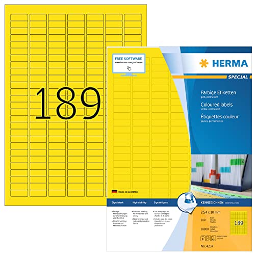 HERMA 4237 Farbige Etiketten gelb, 100 Blatt, 25,4 x 10 mm, 189 pro A4 Bogen, 18900 Stück, selbstklebend, bedruckbar, matt, blanko Papier Farbetiketten Aufkleber von HERMA