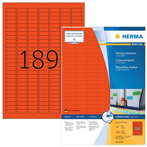 HERMA 4238 Farbige Etiketten rot, 1400 Blatt, 25,4 x 10 mm, 189 pro A4 Bogen, 264600 Stück, selbstklebend, bedruckbar, matt, blanko Papier Farbetiketten Aufkleber von HERMA