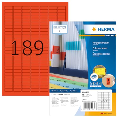 HERMA 4238 Farbige Etiketten rot, 100 Blatt, 25,4 x 10 mm, 189 pro A4 Bogen, 18900 Stück, selbstklebend, bedruckbar, matt, blanko Papier Farbetiketten Aufkleber von HERMA