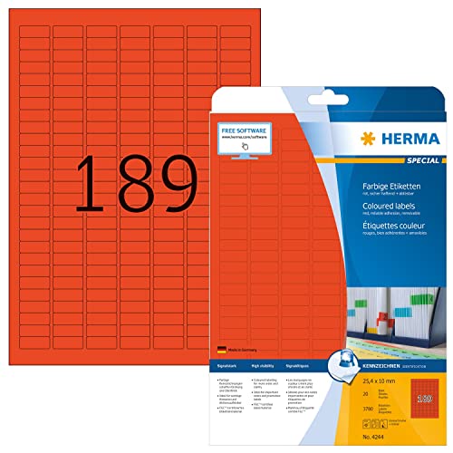 HERMA 4244 Farbige Etiketten rot ablösbar, 640 Blatt, 25,4 x 10 mm, 189 pro A4 Bogen, 120960 Stück, selbstklebend, bedruckbar, matt, blanko Papier Farbetiketten Aufkleber von HERMA
