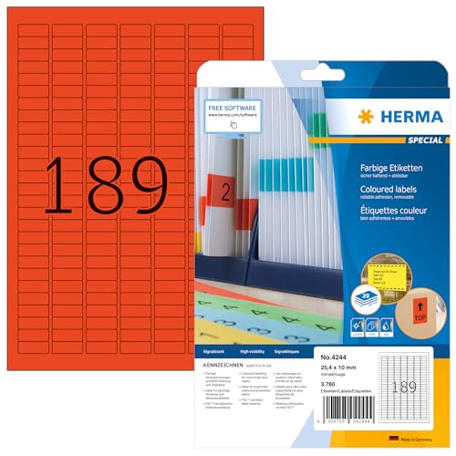 HERMA 4244 Farbige Etiketten rot ablösbar, 640 Blatt, 25,4 x 10 mm, 189 pro A4 Bogen, 120960 Stück, selbstklebend, bedruckbar, matt, blanko Papier Farbetiketten Aufkleber von HERMA