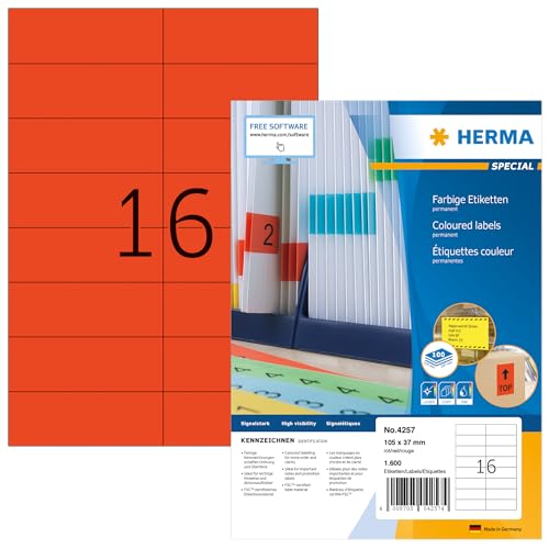 HERMA 4257 Farbige Etiketten rot, 100 Blatt, 105 x 37 mm, 16 pro A4 Bogen, 1600 Stück, selbstklebend, bedruckbar, matt, blanko Papier Farbetiketten Aufkleber von HERMA